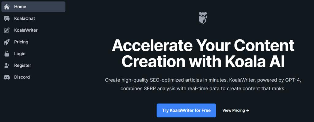 koalawriter ai tool homepage screenshot